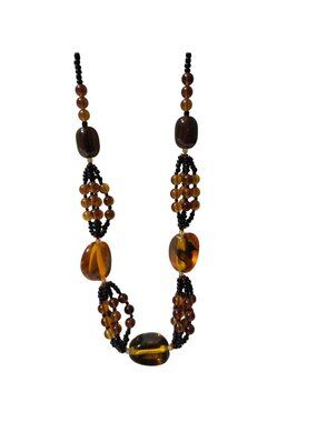 Vintage Beaded Necklace Amber Brown Colored Multi Strand Retro Fashion Jewelry
